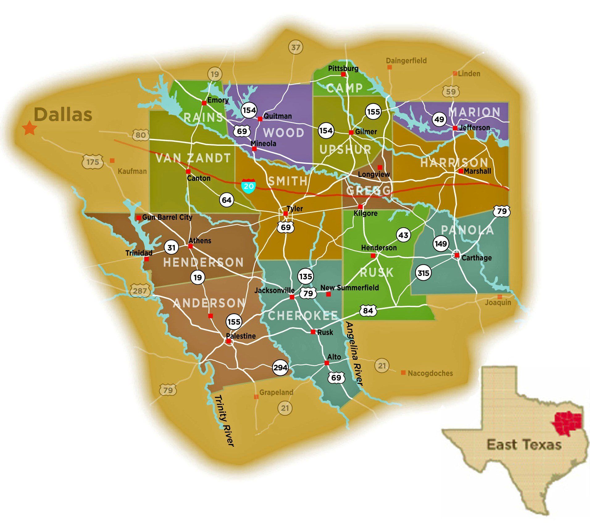 A map showing the location of dallas and east texas